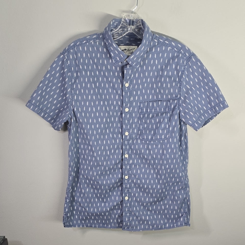 American‎ Eagle Shirt Men's Size Small Blue White Lightweight Casual Button Down